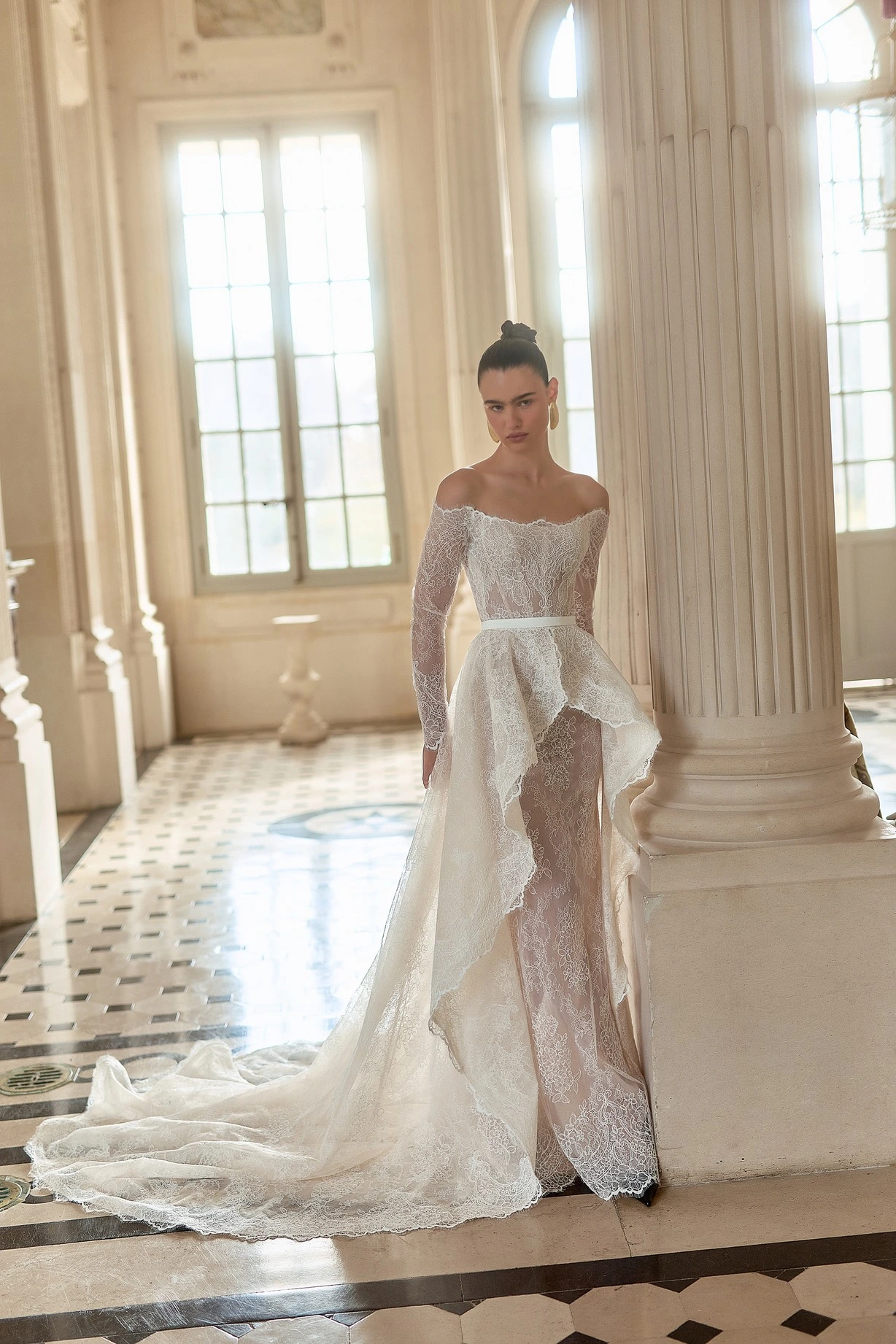 long sleeve off shoulder wedding dress Enchanting Off-Shoulder Mermaid EU38 flowing into sheer lace long sleeves finished with scalloped lace edging Aspen Off the Shoulder Wedding