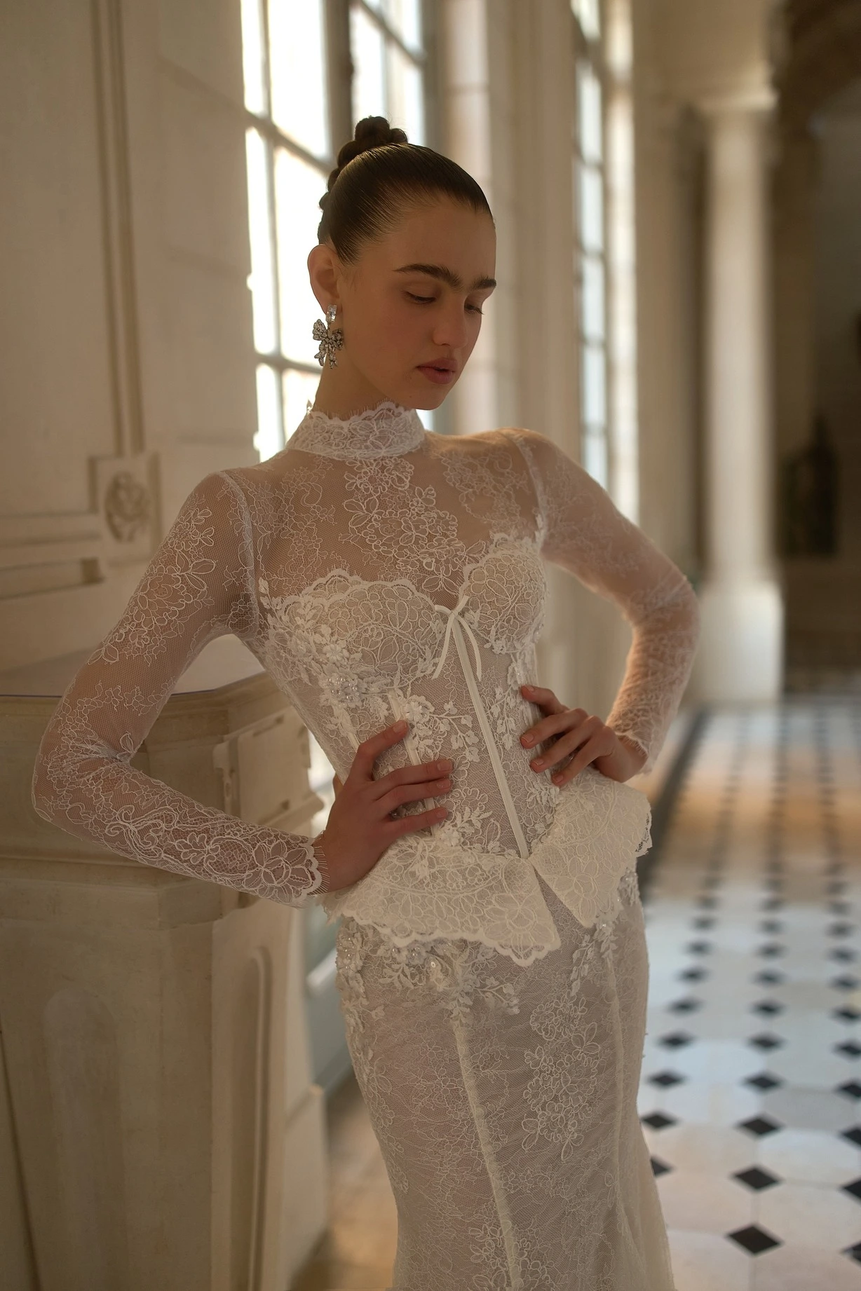 evening wedding dresses KissProm A-Line Long Sleeves Satin with V Neck, Diamond White / 16 pink and sage embroidery on black tulle with Pearl sequins and silk Wedtrend Women Ivory Bridal Dress